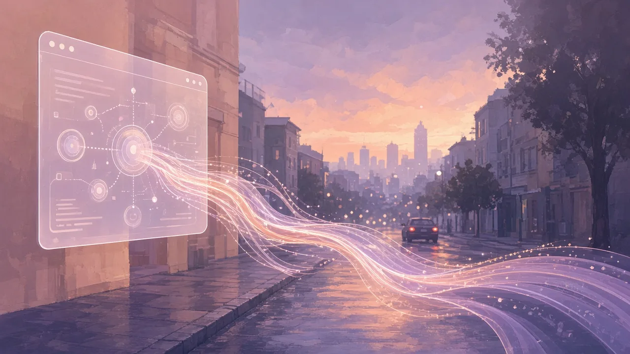 A translucent browser window floating over a city street at dusk, with glowing streams of light flowing out of it