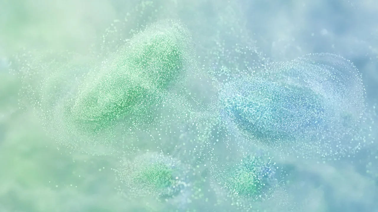 Soft green clusters of particles drifting in a misty teal space