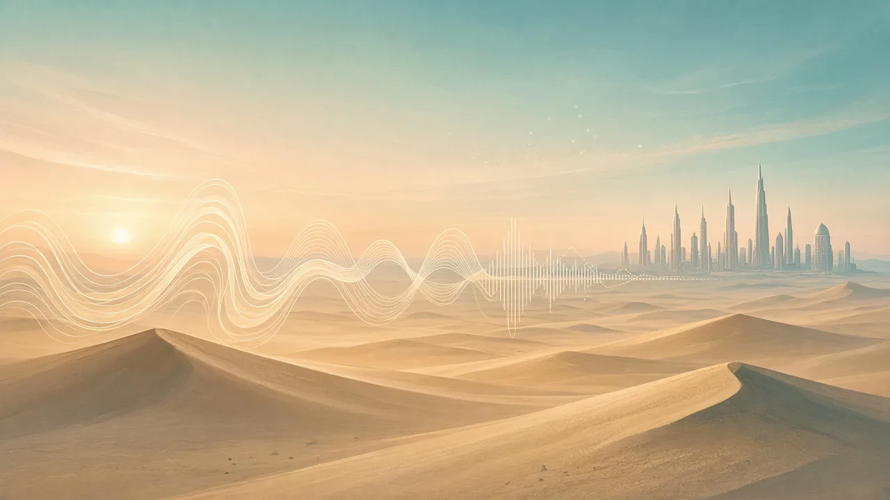 Golden desert dunes under a hazy sky with a faint sound wave and a distant city skyline