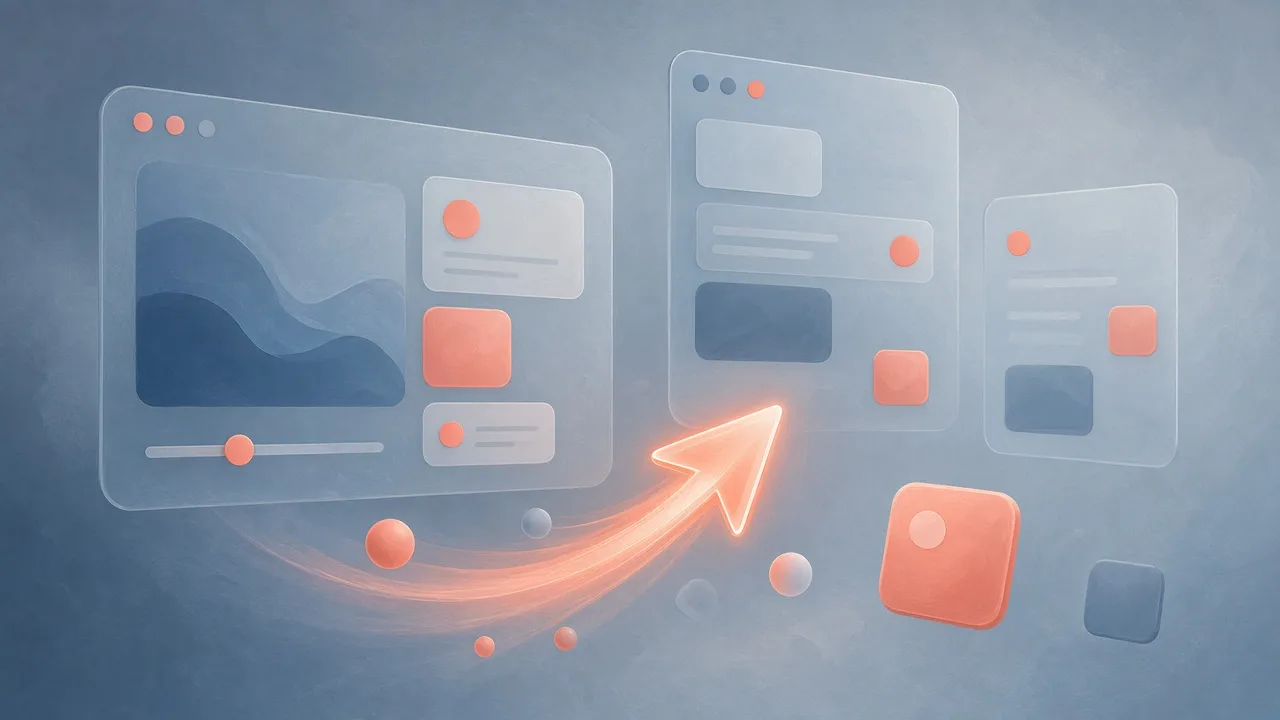 Floating app windows with charts and buttons, linked by an orange arrow