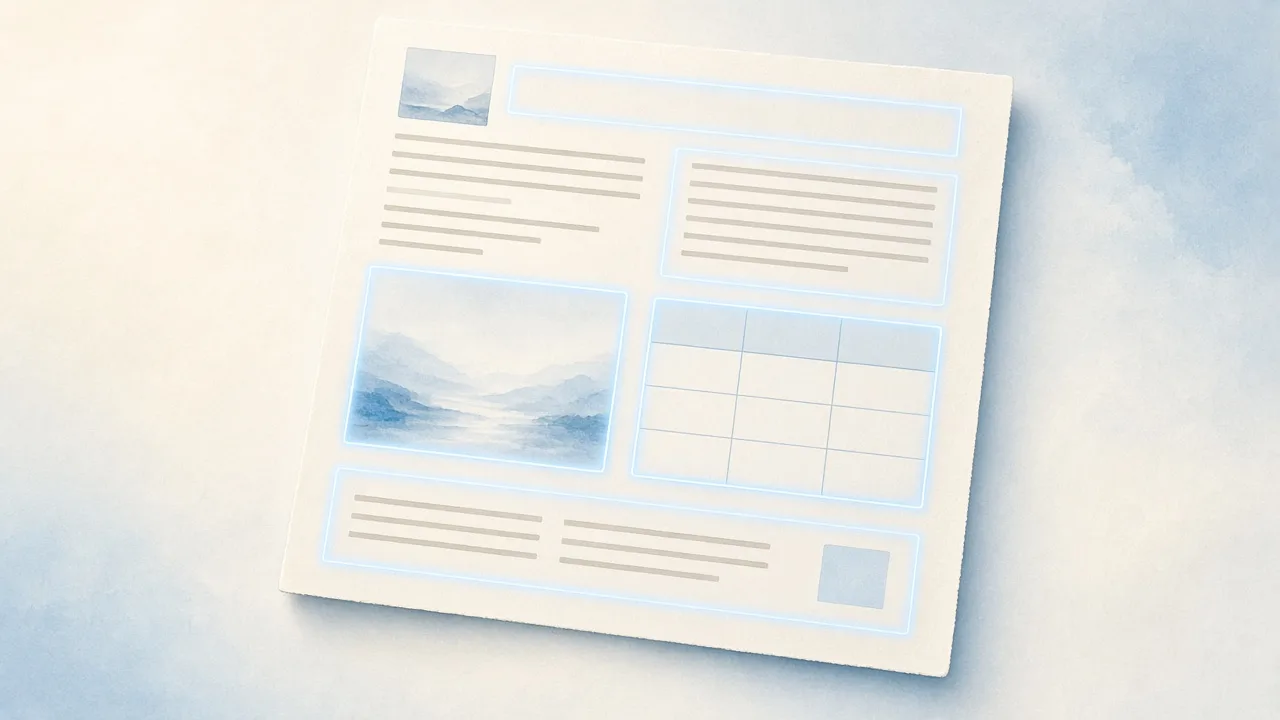 A printed document page with text blocks, tables and image regions on a pale blue background