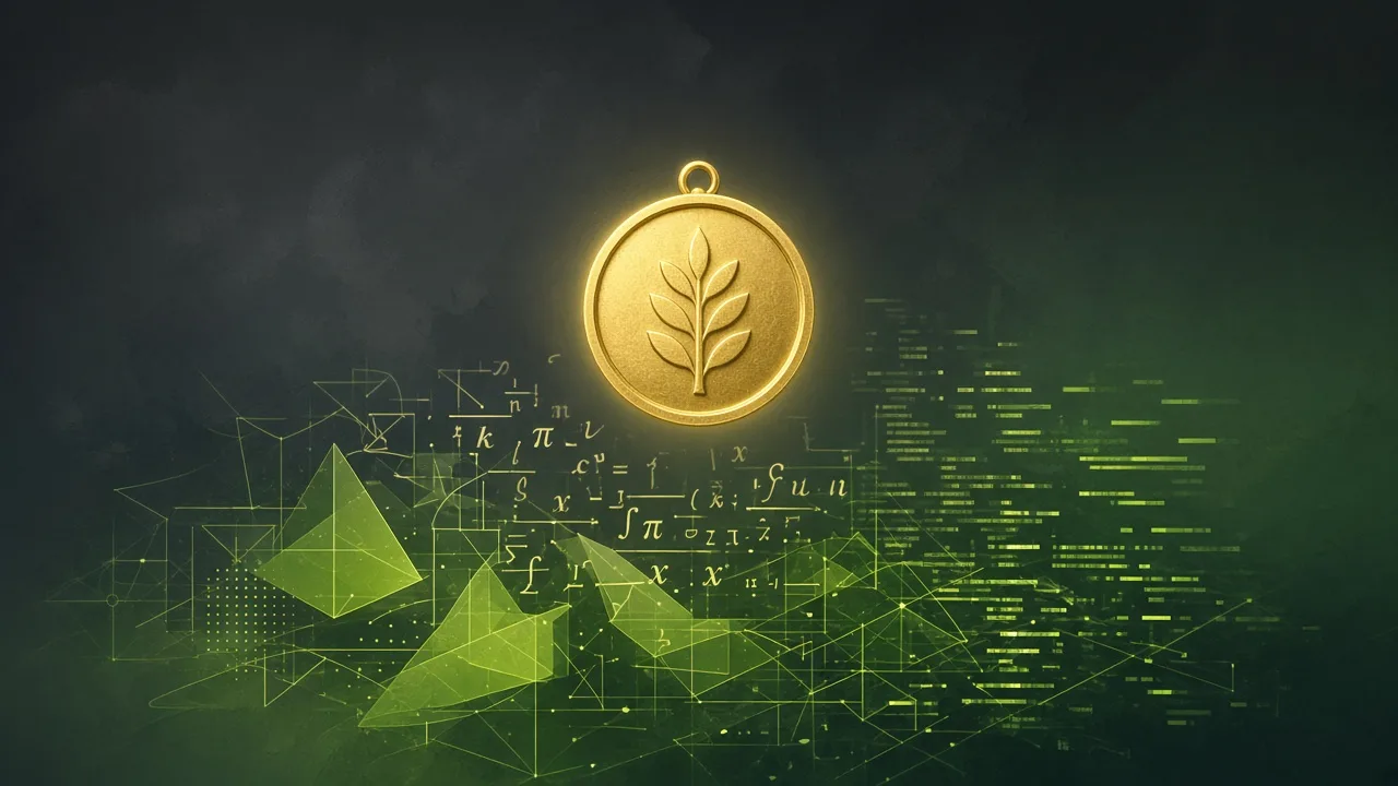 A gold medal glowing above green geometric shapes and lines of code