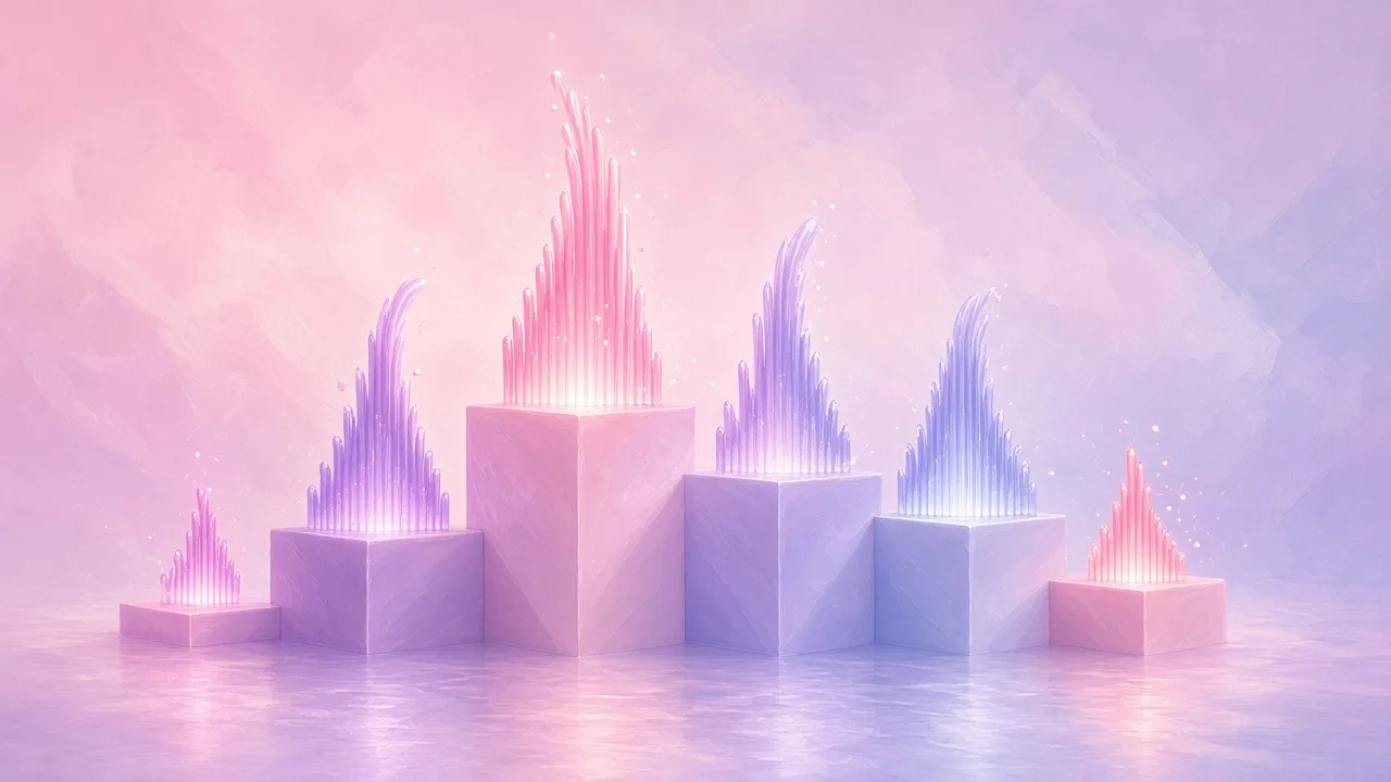 Pastel podium blocks topped with glowing peaks of different heights, like a leaderboard