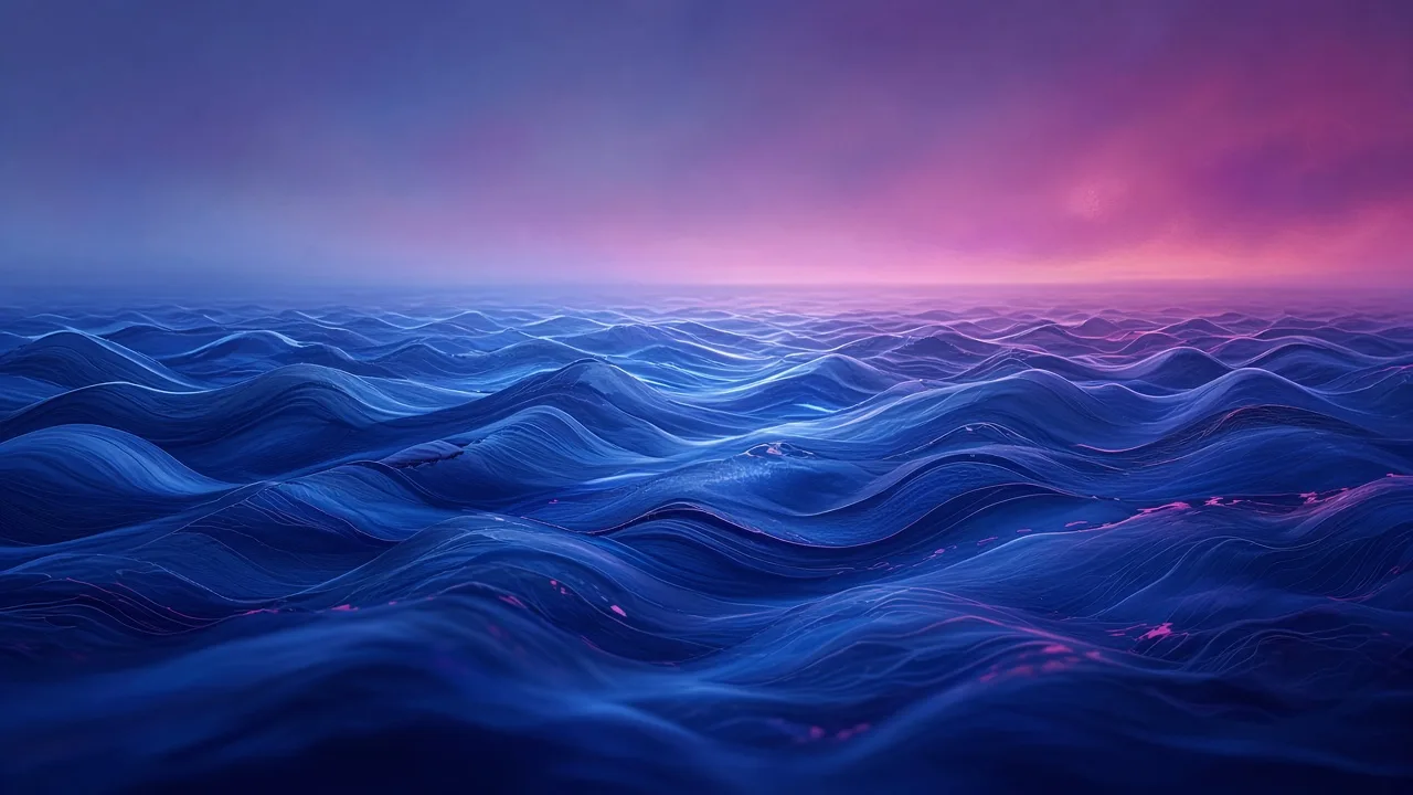 An expanse of deep blue waves under a pink and purple sky
