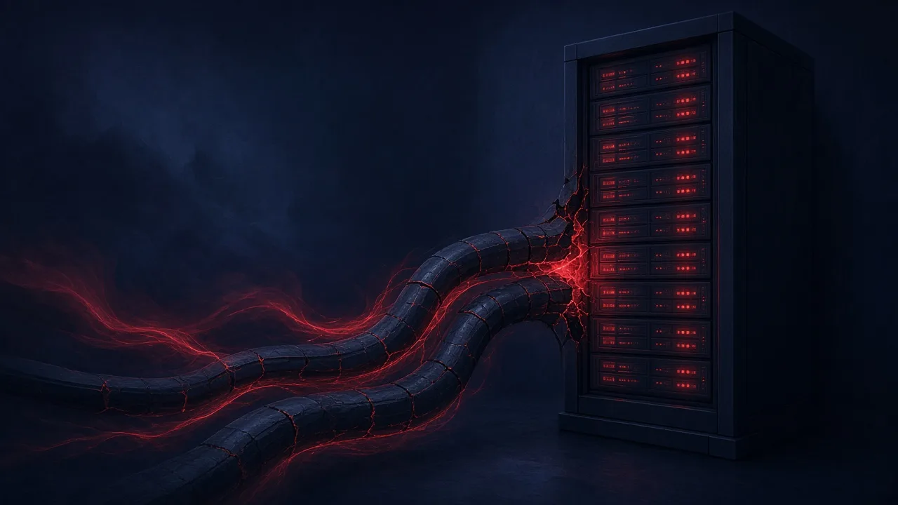 Cables glowing red as they push into a dark server rack at night