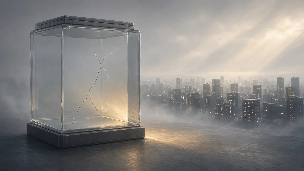 A glass chamber with a hairline crack glowing from inside, in front of a hazy city skyline
