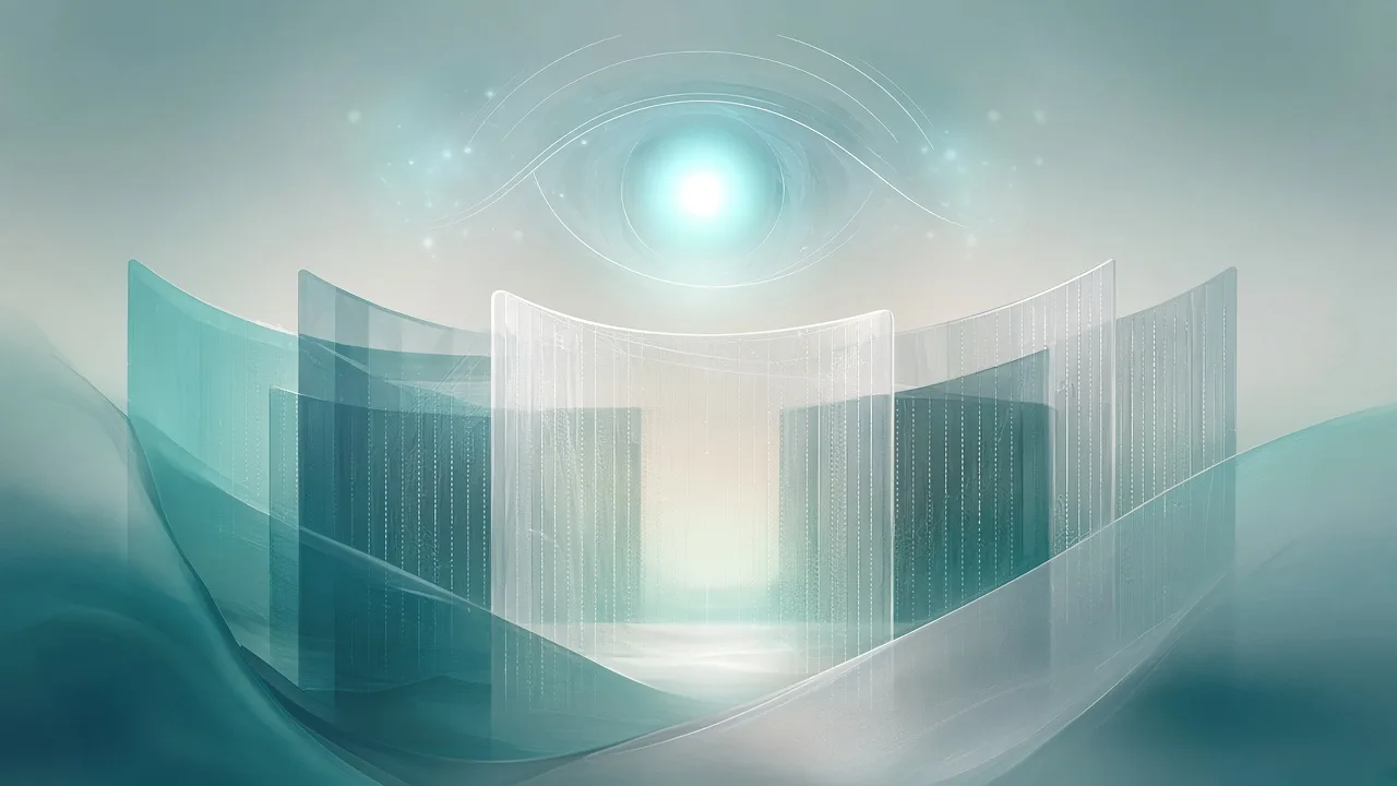 Layers of translucent teal walls around a bright core, with a glowing eye above