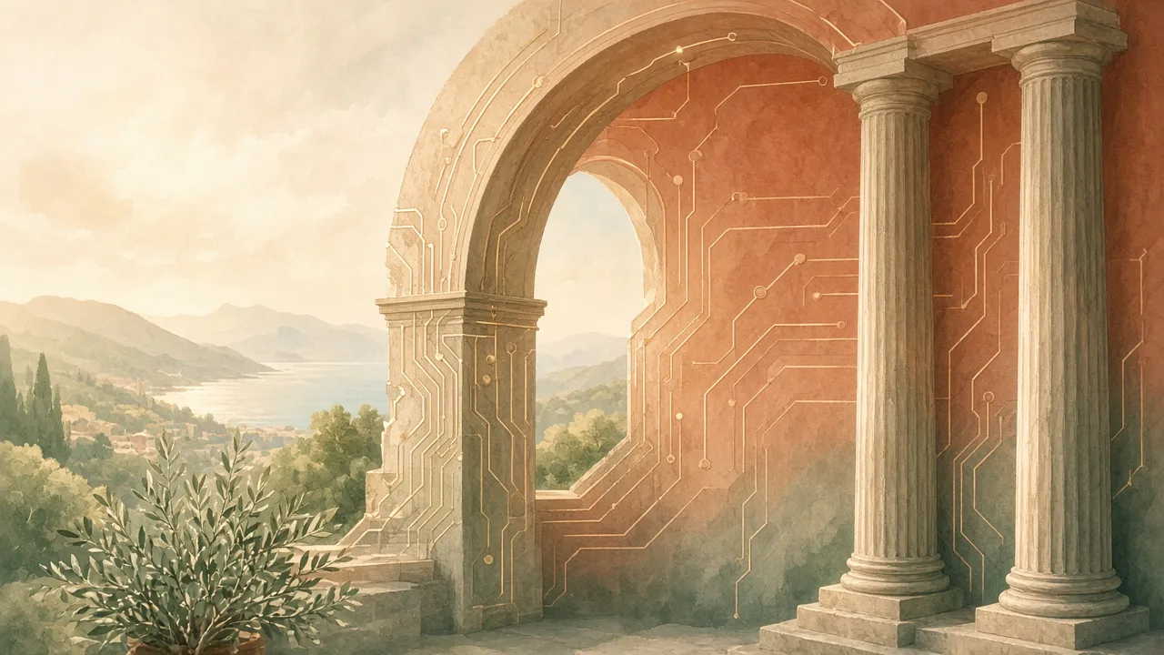 A classical stone archway and columns opening onto a Mediterranean landscape