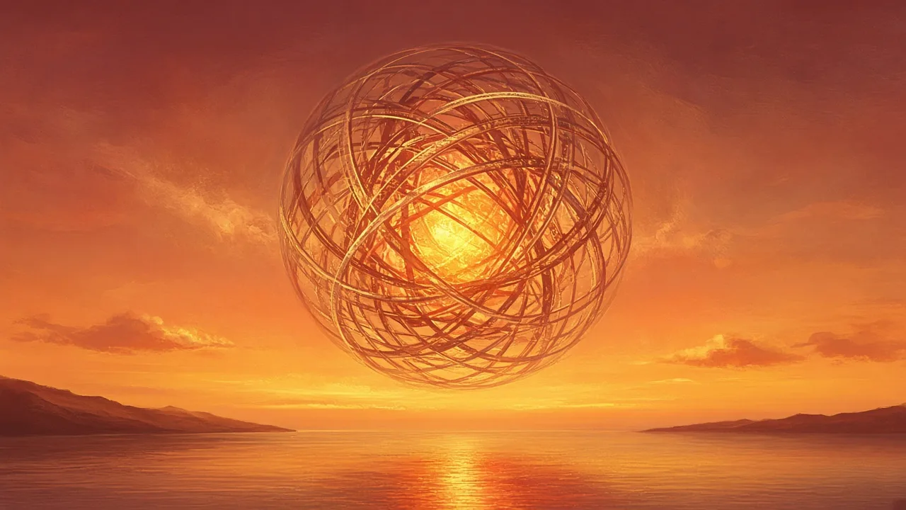 A glowing sphere of interwoven rings hanging over the sea at sunset