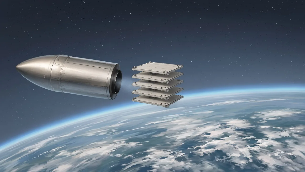 Abstract illustration for: Starship reaches orbit for the first time and deploys 26 Starlink V3 satellites
