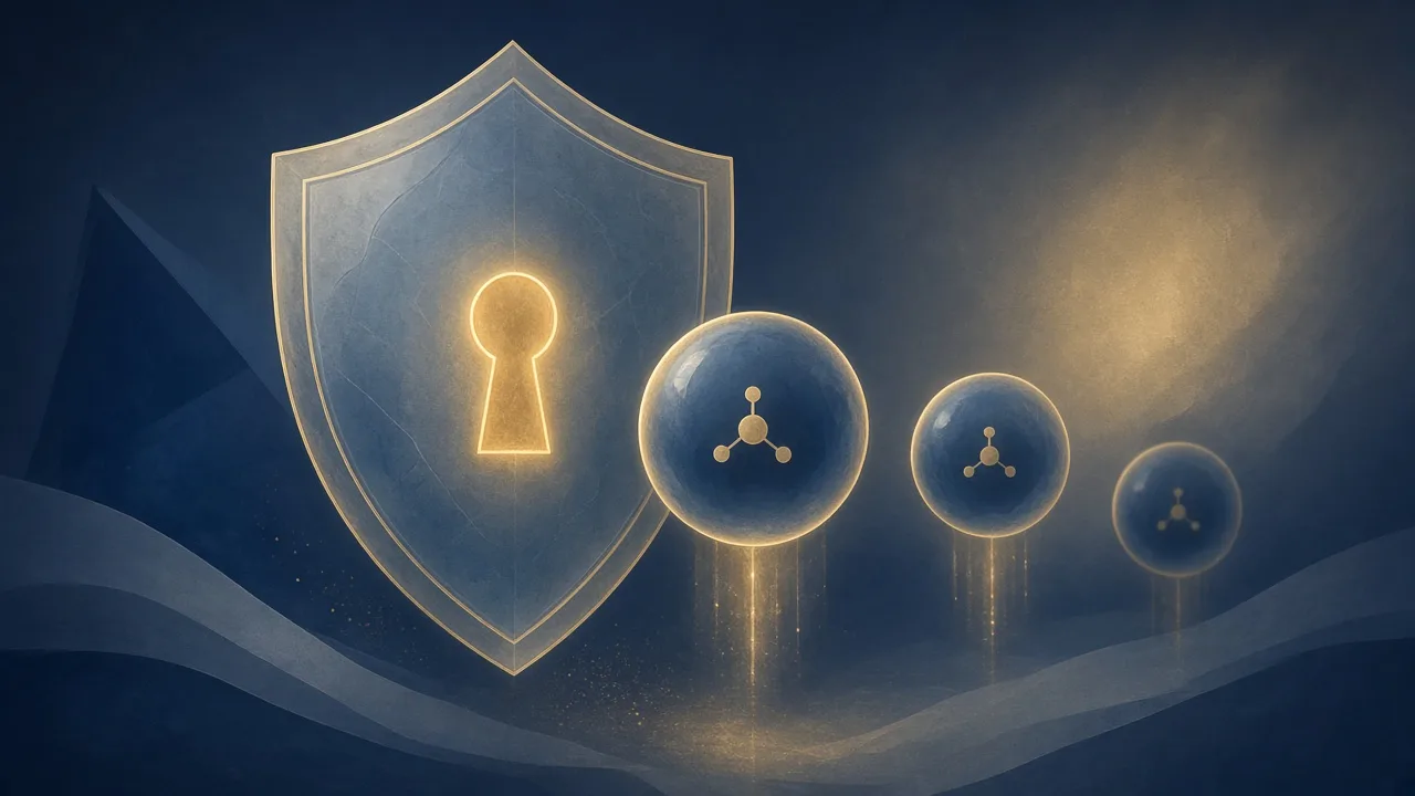 A translucent shield with a keyhole next to small glowing orbs on a dark blue background